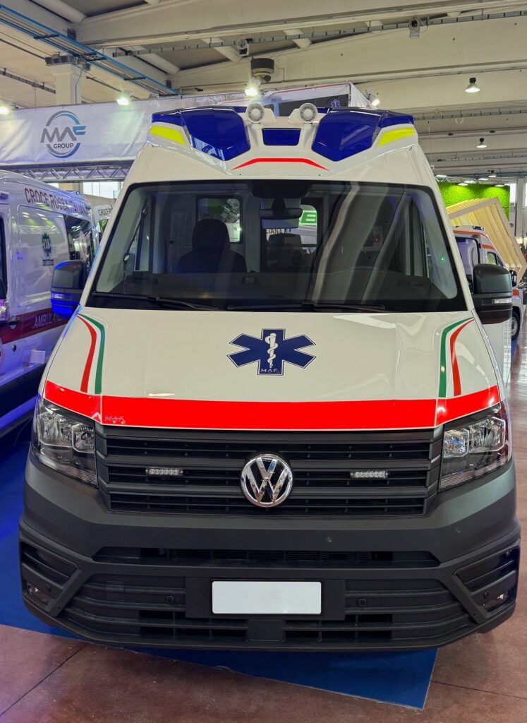 Custom aerodynamic spoiler on an ambulance with a unique design for better performance